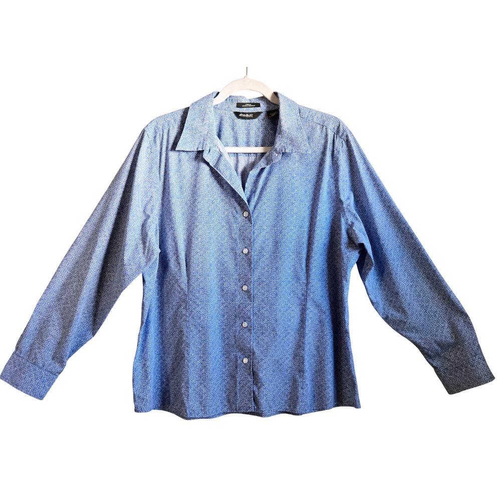 Eddie Bauer Womens XL Blue White‎ Geometric Tile Stretch Wrinkle Resistant Shirt
